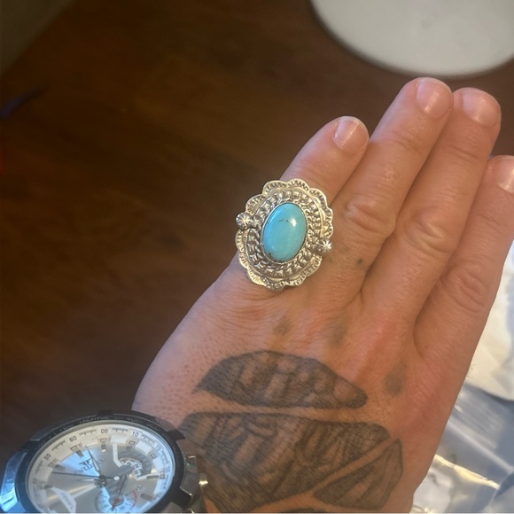 STERLING SILVER NATIVE AMERICAN SIGNED CONCHO STYLE TURQUOISE RING SZ 8.5 .925 - Picture 3 of 10